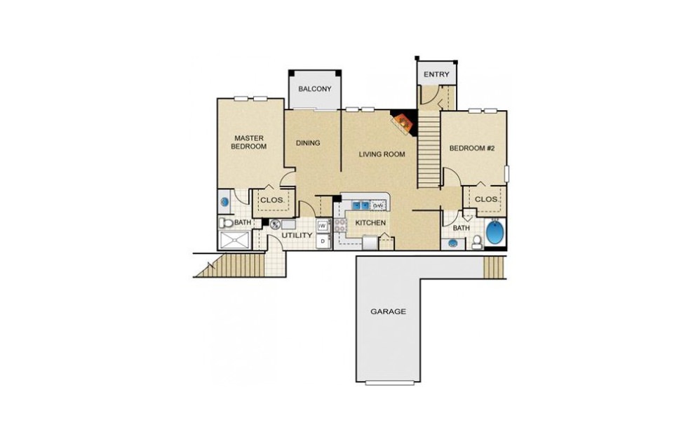 Azalea - 2 bedroom floorplan layout with 2 baths and 1245 square feet.