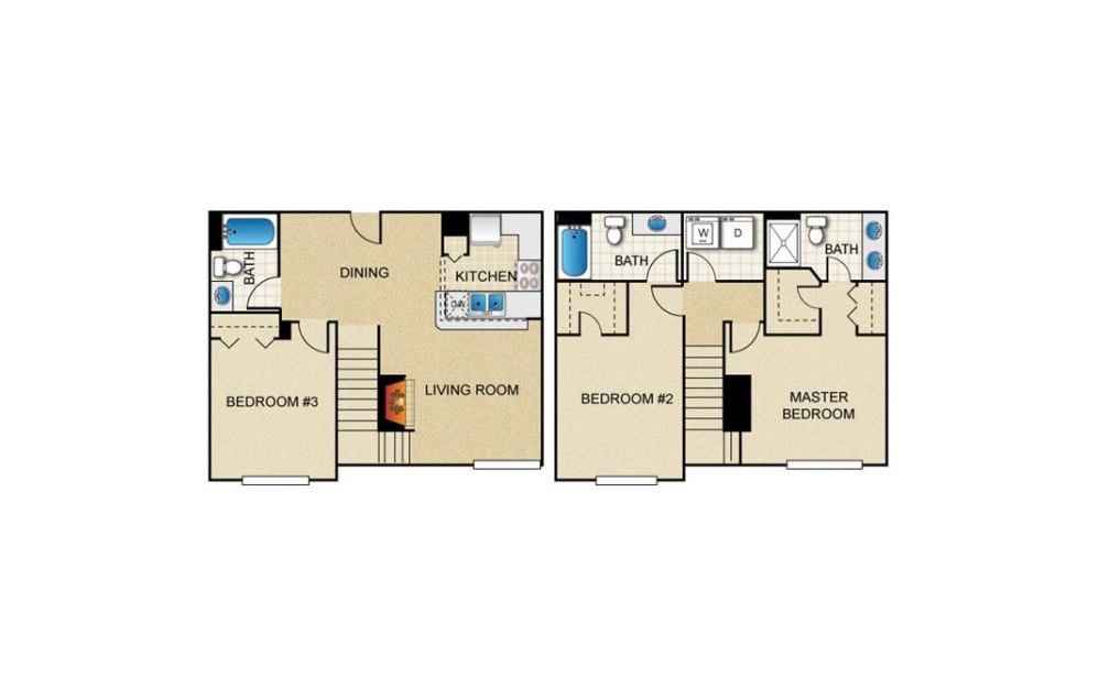 DTH - 3 bedroom floorplan layout with 3 baths and 1389 square feet.