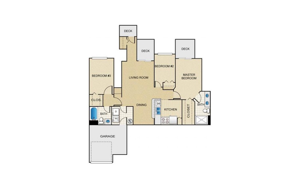 Hawthorne - 3 bedroom floorplan layout with 2 baths and 1333 square feet.