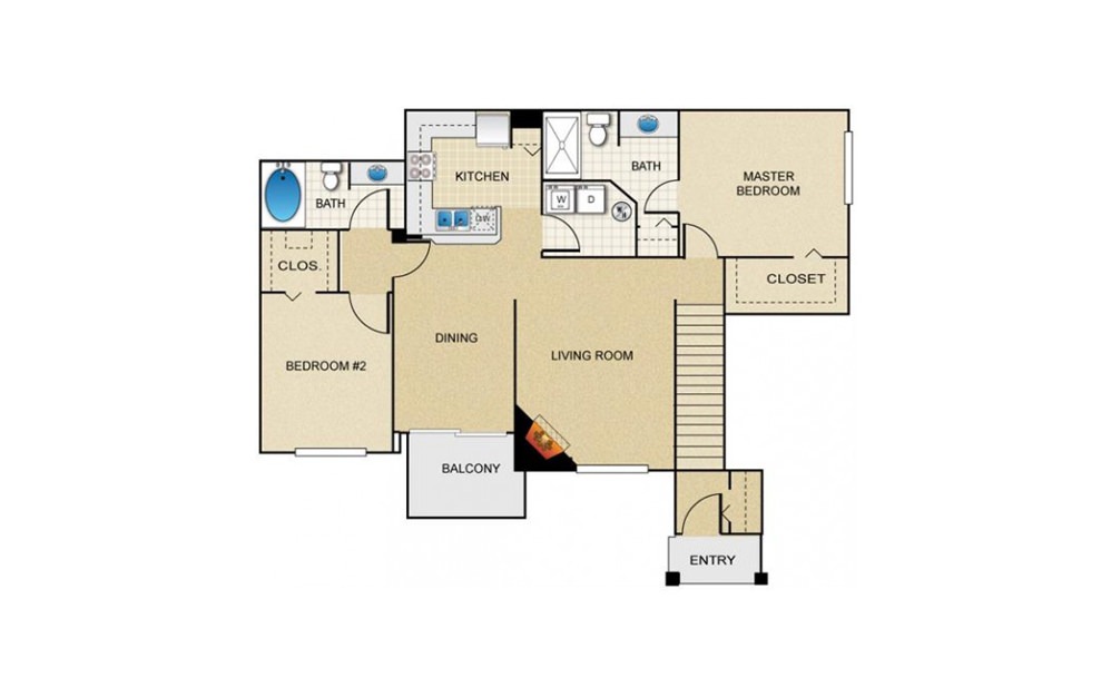 Juniper - 2 bedroom floorplan layout with 2 baths and 1175 square feet.