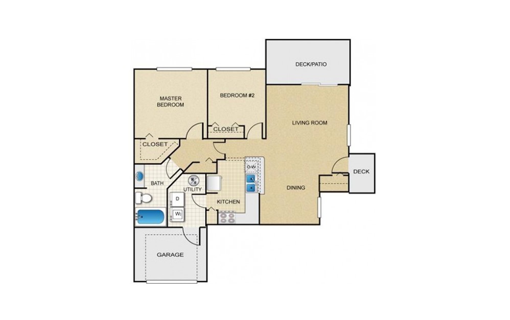 Laurel - 2 bedroom floorplan layout with 1 bath and 995 square feet.