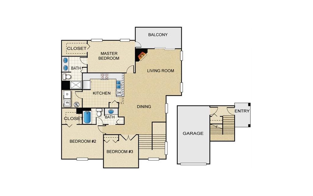 Magnolia - 3 bedroom floorplan layout with 2 baths and 1416 square feet.
