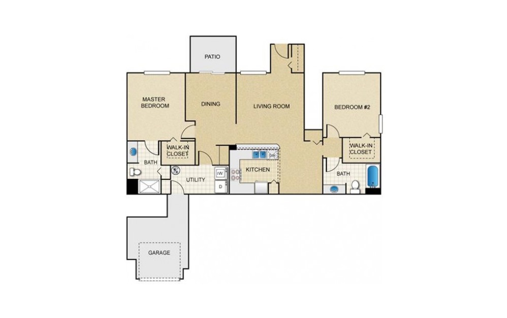 Oak - 2 bedroom floorplan layout with 2 baths and 1234 square feet.