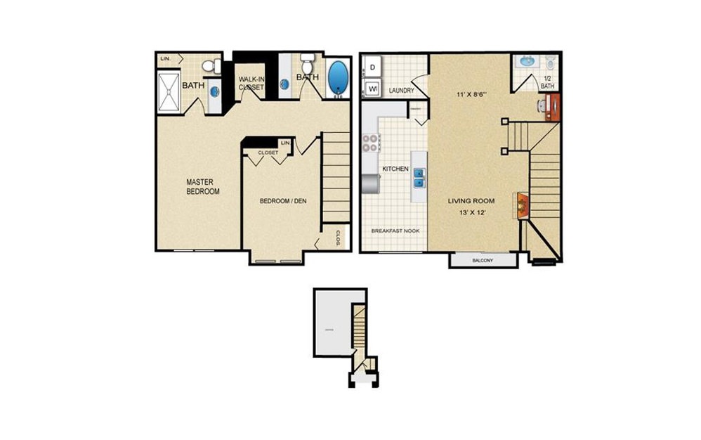 River Birch - 2 bedroom floorplan layout with 2.5 baths and 1255 square feet.